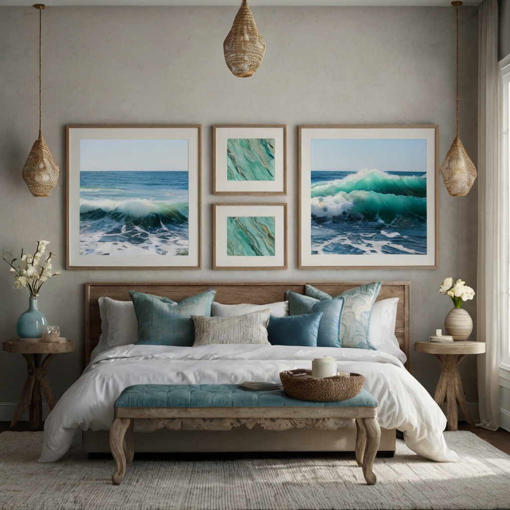 Seascape paintings, driftwood frames, and shell accents add a refreshing oceanic touch.