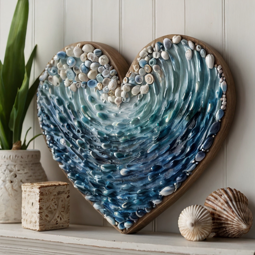 A serene wooden heart painted with layered blues and whites, mimicking soft ocean waves. Perfect for coastal or beach-inspired decor.