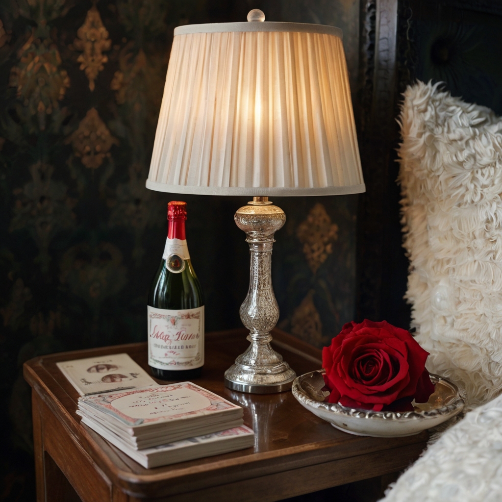 Deep red velvet, pearls, and golden accents create vintage glamour. Champagne and soft lighting evoke a timeless, sophisticated romance.