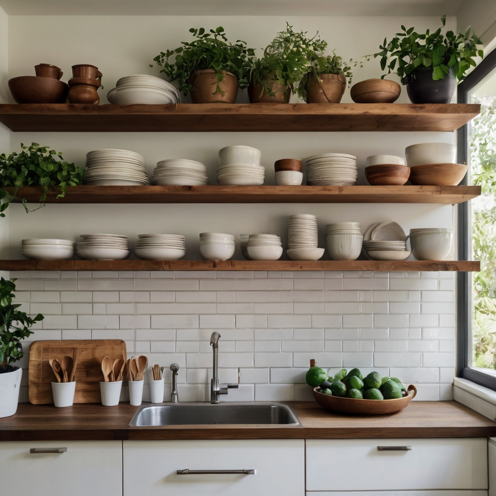 Floating wooden shelves above a clean white countertop with neatly arranged dishware. Natural light enhances the warm and airy feel.