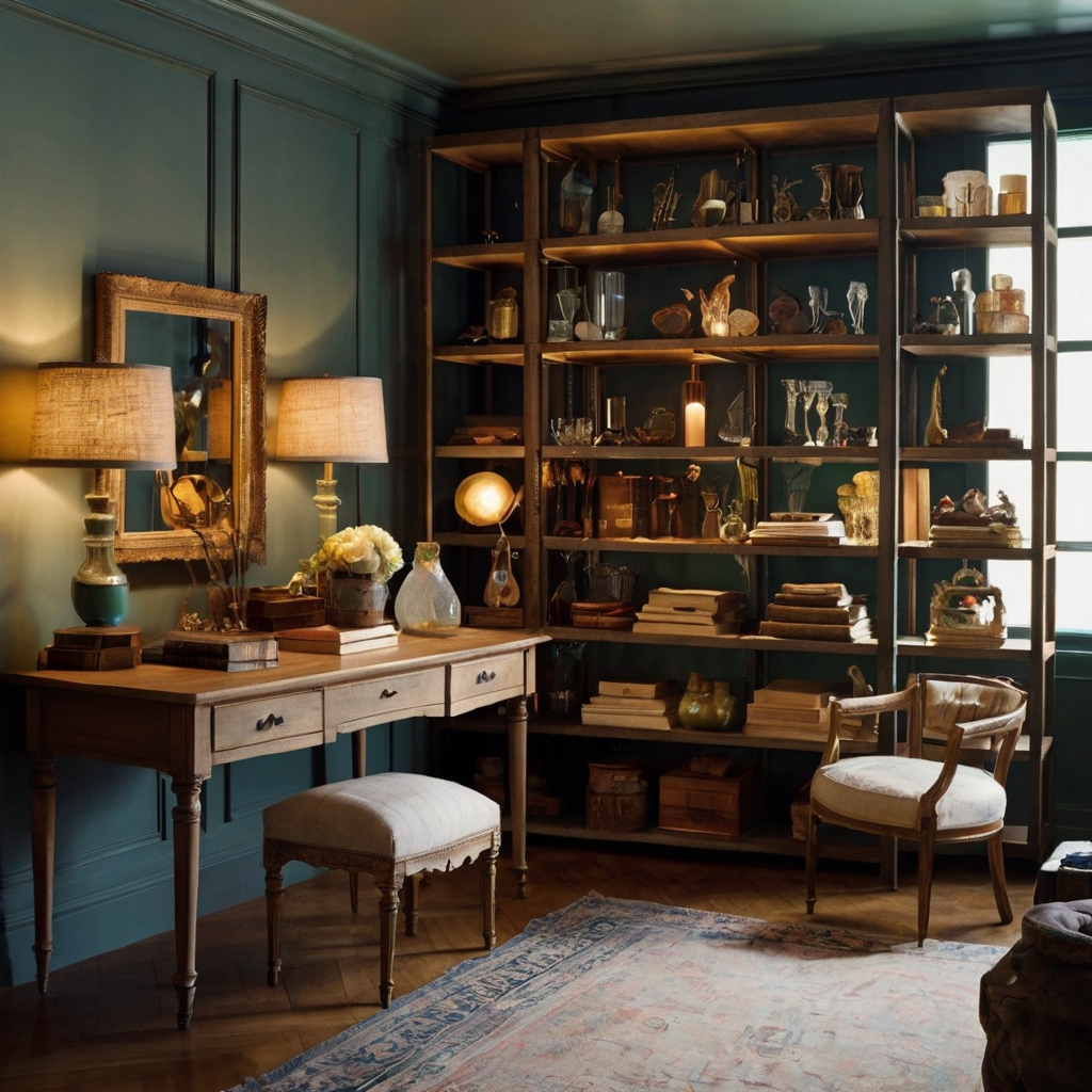 Design open shelving for displaying vintage accessories and decor. Soft lighting creates an airy, curated look that enhances the vintage style.