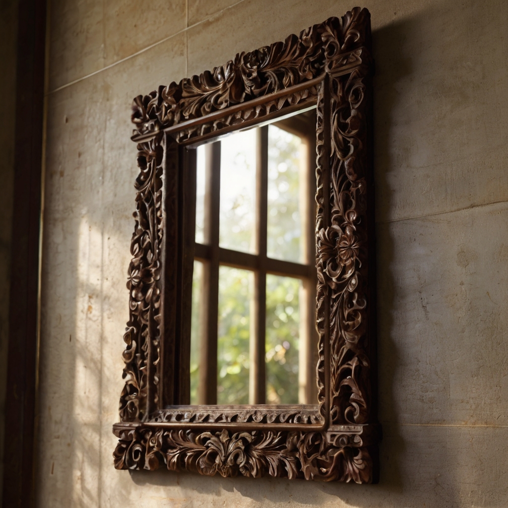 An antique carved wooden mirror with floral and geometric details exudes elegance. Warm ambient lighting enhances its deep wood grains and Spanish charm.