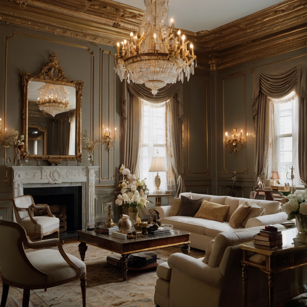 Intricate gold-accented crown molding lines the ceiling, adding elegance. A crystal chandelier and vintage wallpaper complete the regal look.