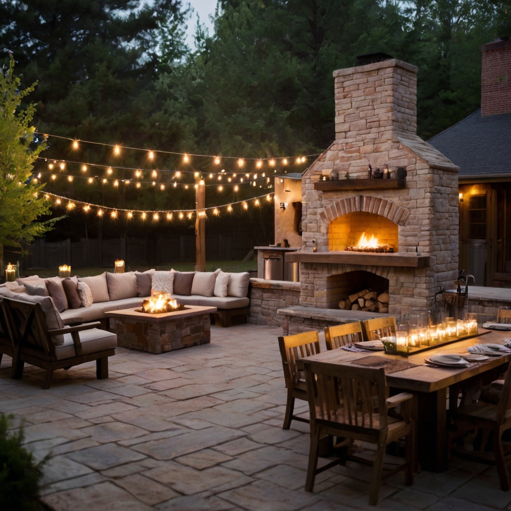 A rustic outdoor gathering space with a glowing fire pit and a brick oven kitchen. String lights twinkle above wooden tables set for a cozy, starlit dinner.