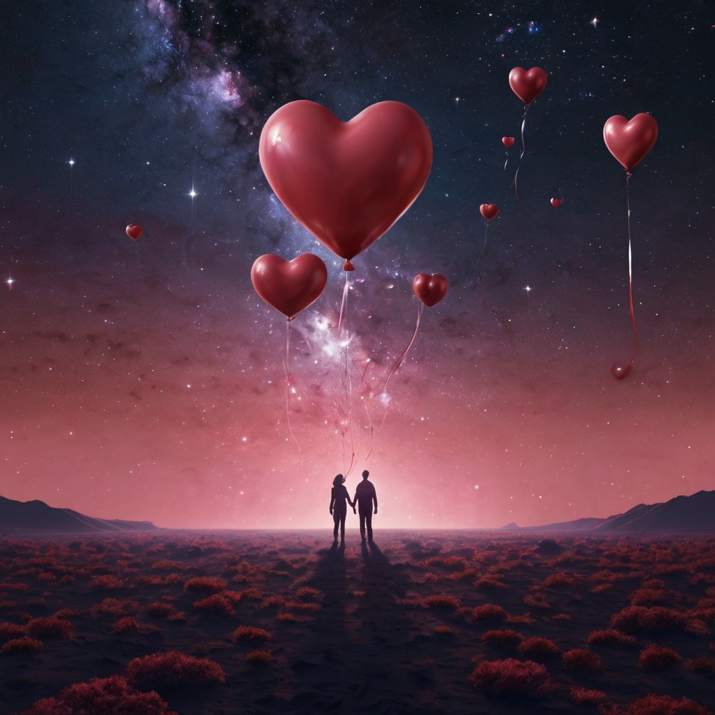 Astronauts float weightlessly in a deep purple galaxy, holding glowing heart balloons, with twinkling stars and soft pink planets in the distance.