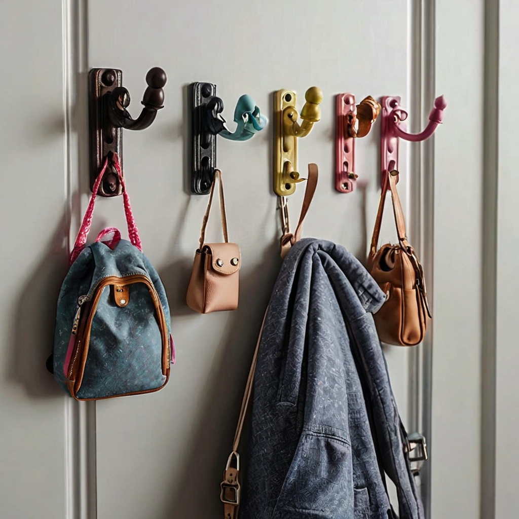 Extra door hooks keep backpacks and gear off the floor. A simple, space-saving storage hack.