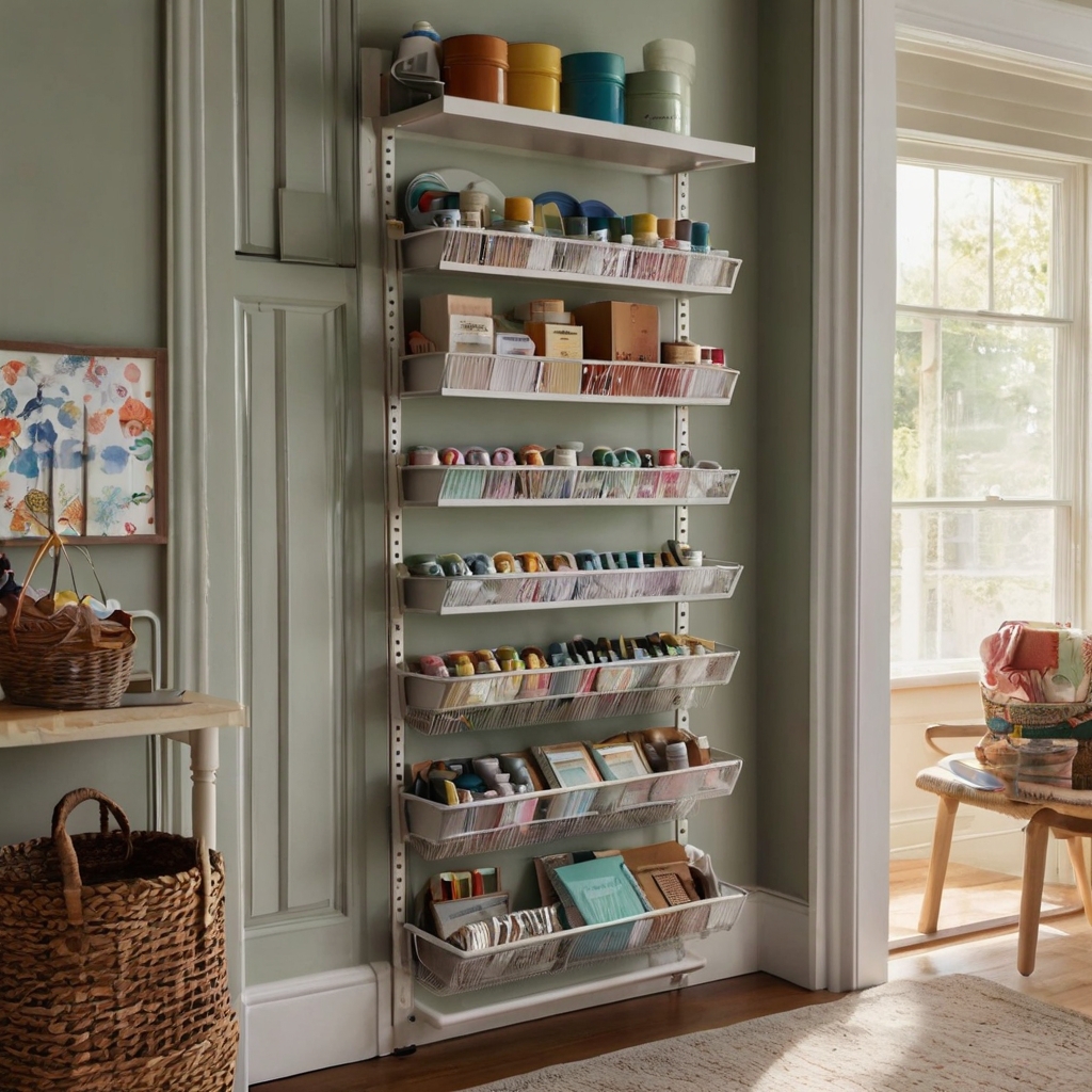 An over-the-door rack holds lightweight craft supplies like paints and tools. Natural light highlights the easy-to-reach storage solution.