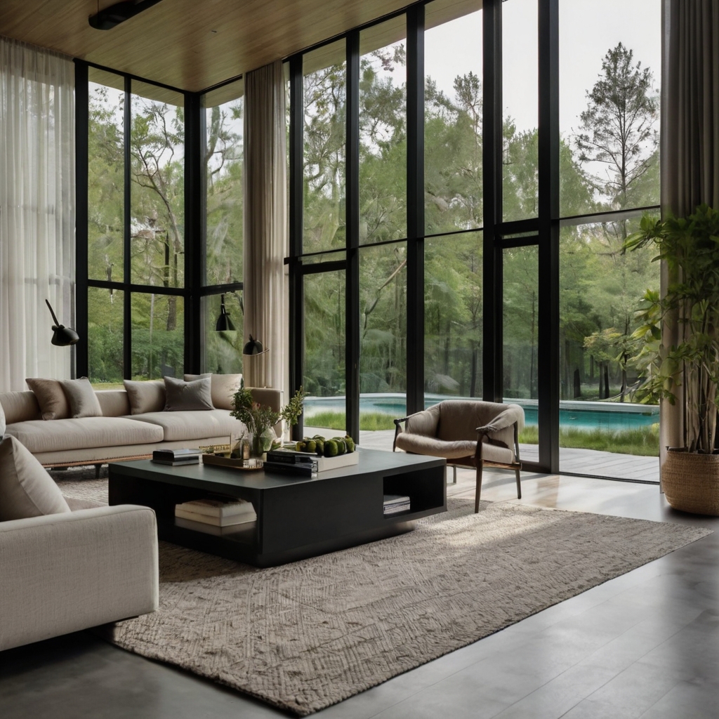 Floor-to-ceiling windows with slim black frames offer stunning outdoor views. Sheer curtains soften the light, enhancing the open, airy feel.