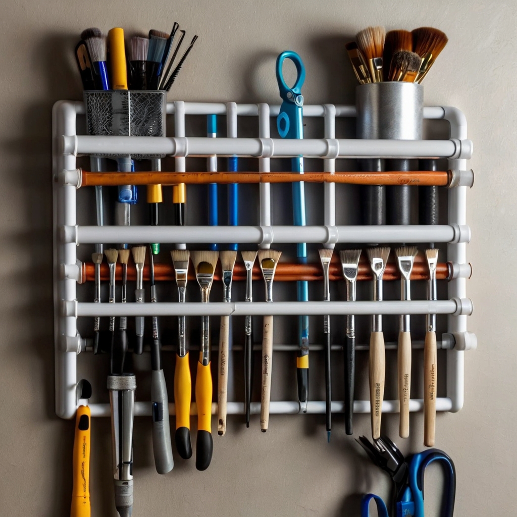 A DIY PVC pipe organizer mounted on a wall holds crafting tools, with soft diffused light highlighting its clean and efficient design.