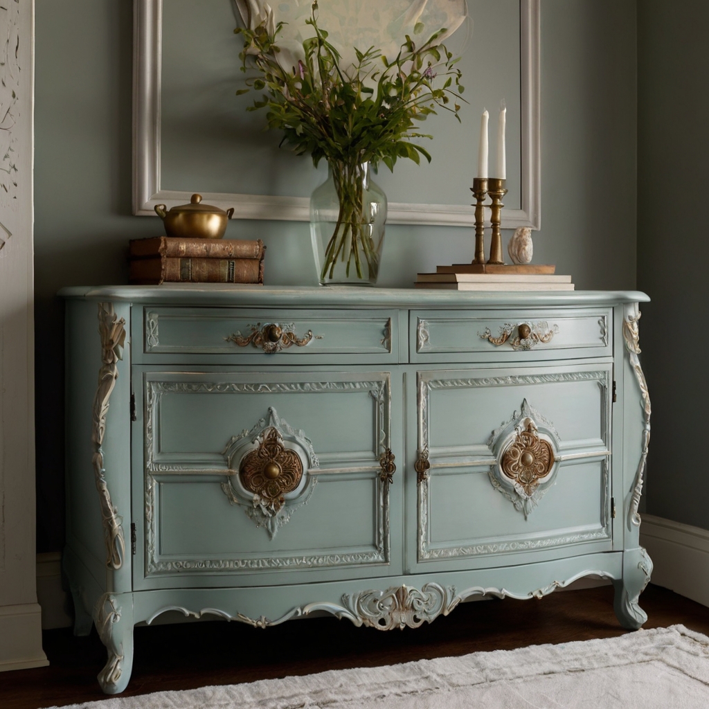 Add a fresh coat of paint to vintage furniture, accentuated by soft lighting that enhances the chic, updated look.