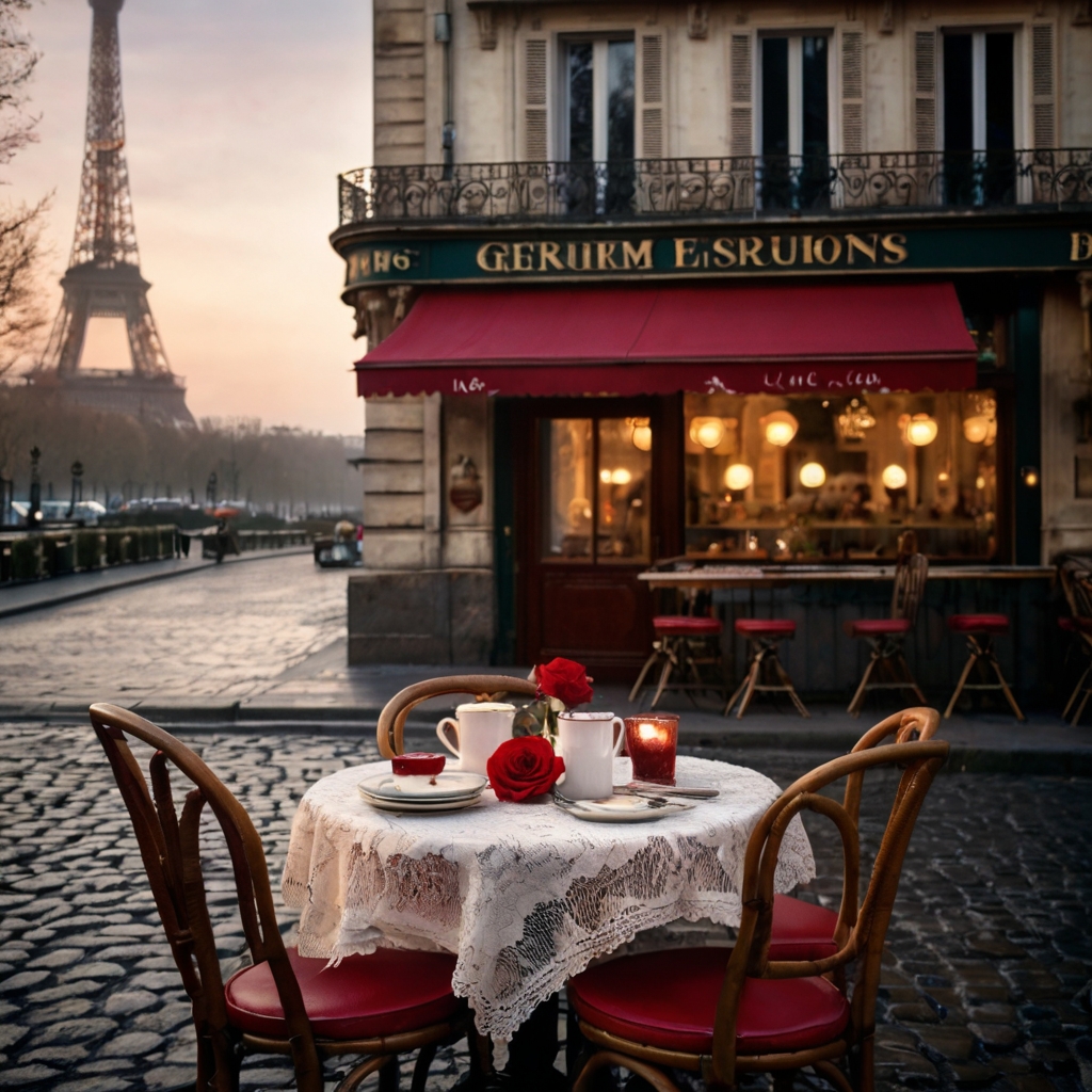 A charming Parisian café table set for love with espresso and macarons. The Eiffel Tower twinkles in the background, enhancing the romantic vibe.