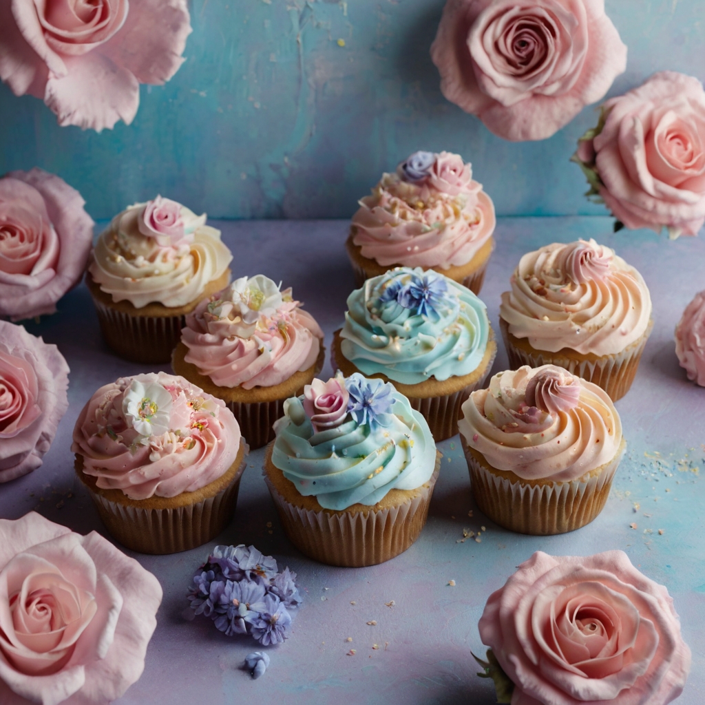 A flat-lay of pastel cupcakes, cookies, and meringues in pink, lavender, and blue. Soft lighting highlights the buttercream swirls and sugar flowers.