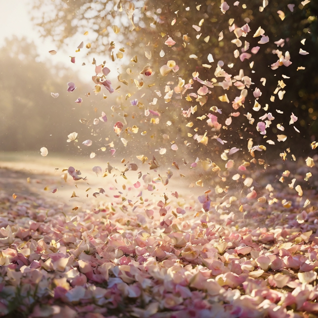 A delicate shower of pastel flower petals floating in the air for a whimsical celebration.