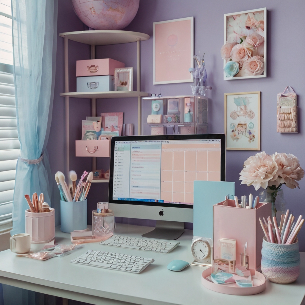 A pastel-themed office cubicle with soft pink, blue, and lilac tones. Acrylic organizers and delicate decor add charm and elegance.