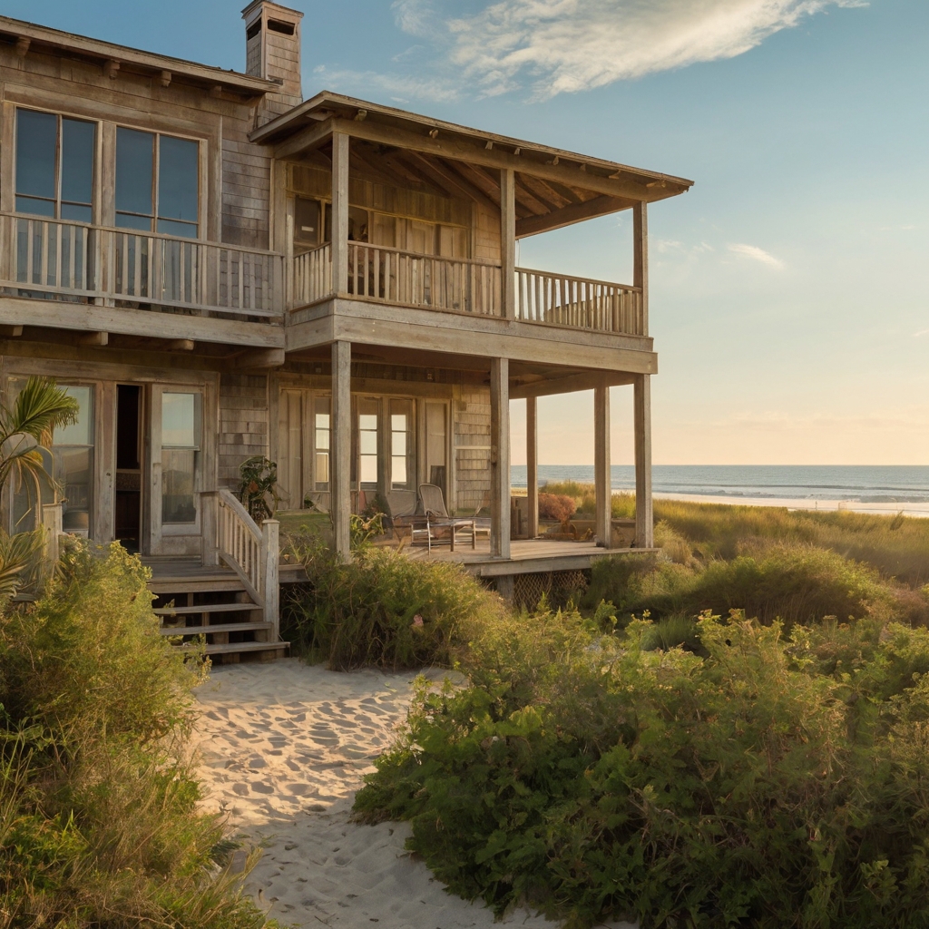 A soft-hued coastal home in shades of sky blue and sandy beige, blending with nature. Golden afternoon light reflects off its pastel walls, casting warm, serene shadows.