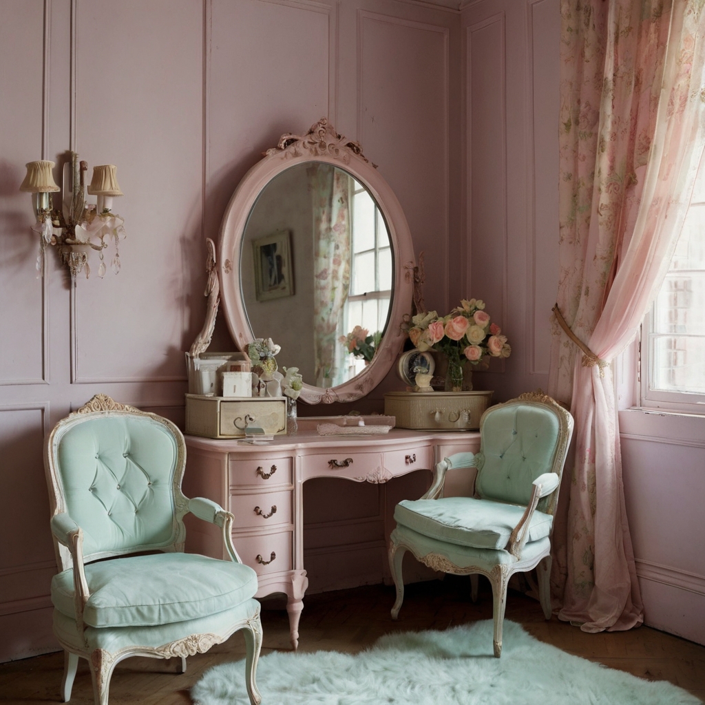 Design a vintage space with soft pastel tones to evoke calmness and nostalgia. Use diffused lighting to bring out the soft hues and vintage charm.