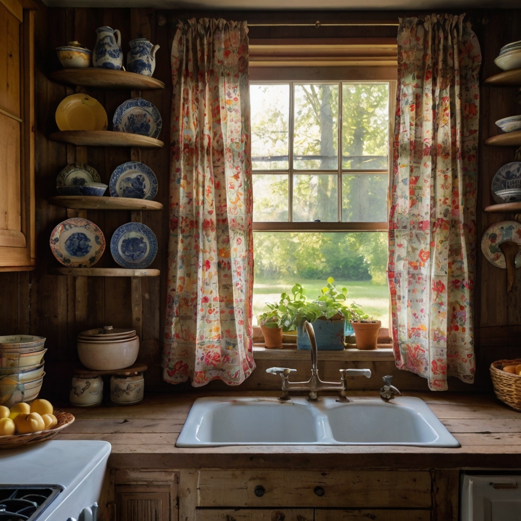 Vibrant patchwork curtains made from floral and striped fabrics brighten a cozy farmhouse kitchen. Their handmade charm enhances the nostalgic country aesthetic.