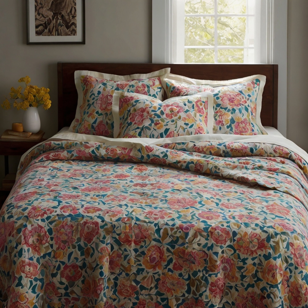 Bed with uniquely patterned sheets, from floral to geometric, illuminated by soft natural light. The vibrant patterns add personality and warmth to the room.