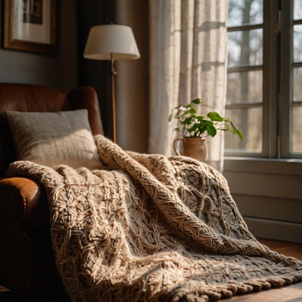 A geometric-patterned knitted throw drapes over a brown couch. Soft daylight highlights its textures.