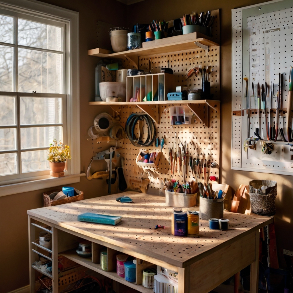 A craft room featuring an organized pegboard with hooks, baskets, and shelves. Soft daylight illuminates the tools, creating an inviting and efficient workspace.