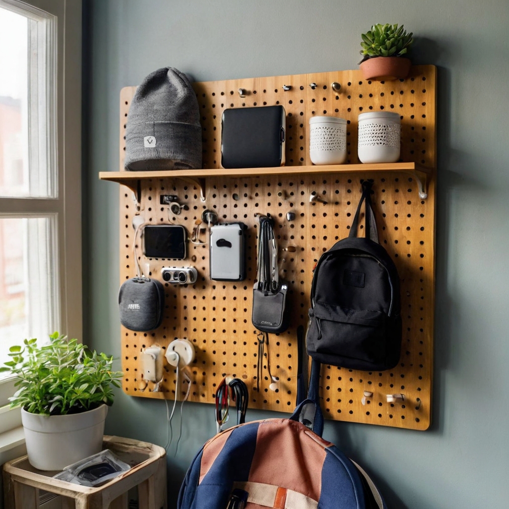 Wall-mounted pegboards organize caps, headphones, and bags. A neat, customizable storage solution.