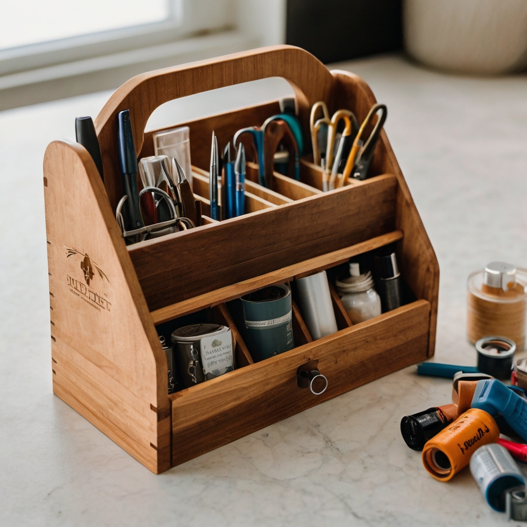 A wooden caddy holds portable craft tools, customized with dividers for different supplies. Soft, warm light highlights the personal touch and organization.