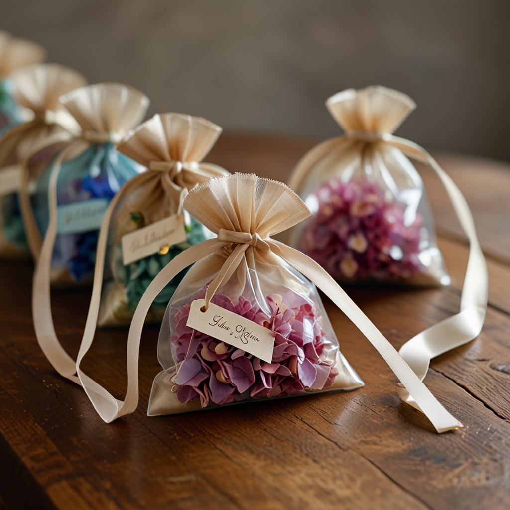 Sheer organza bags filled with dried flower petals, tied with satin ribbons for elegant favors.