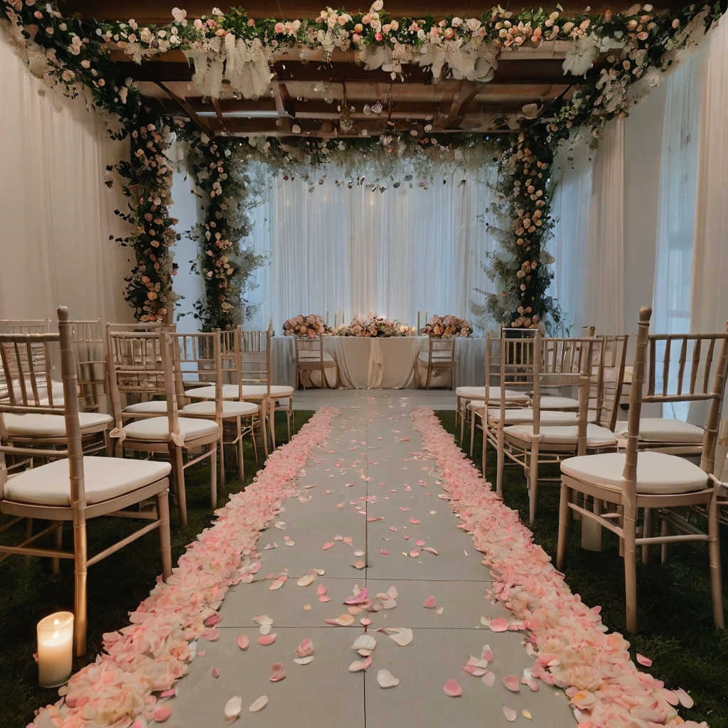 Romantic rose petals scattered along a softly lit aisle lined with floral-adorned white chairs.