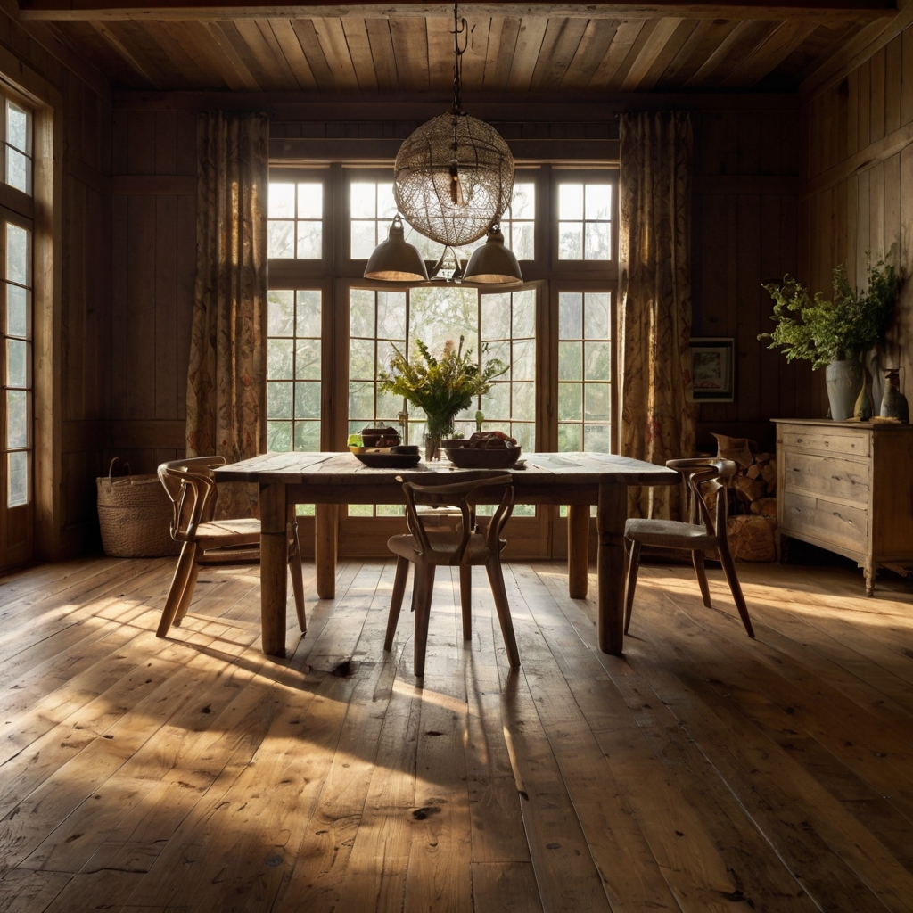 A cozy dining room with polished pine and oak flooring, rich in natural grain. Antique wooden furniture enhances the timeless elegance of the rustic space.