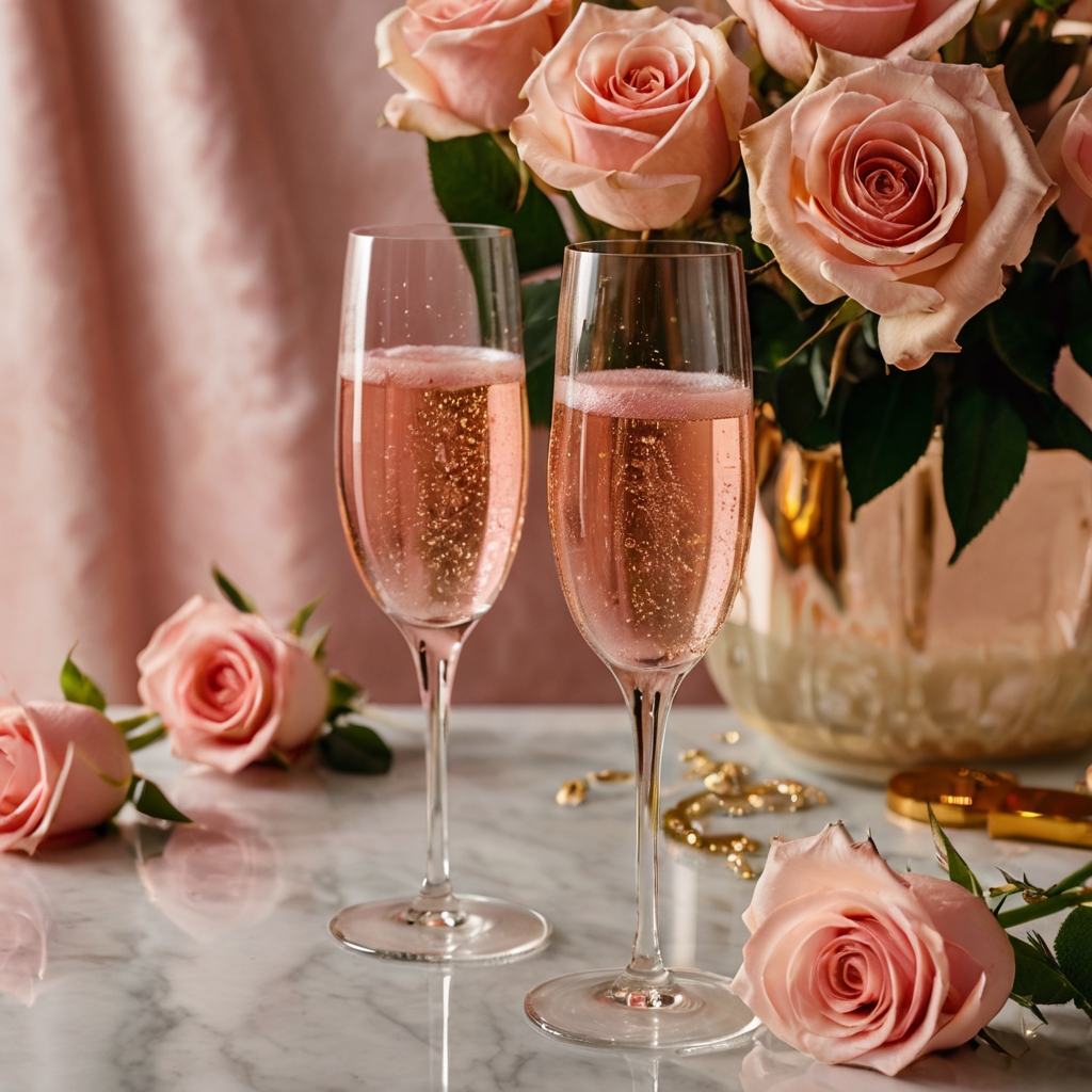 Blush-toned champagne flutes sparkle under soft golden light. A luxurious dessert table adorned with roses completes the elegant scene.