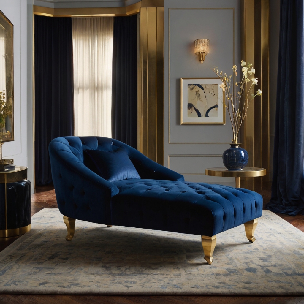 A sapphire blue velvet chaise lounge sits gracefully in a cozy corner. A gold side table and soft drapery complete the luxurious setting.