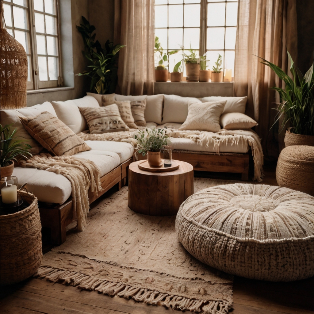 A relaxed bohemian seating area with oversized earthy-tone cushions, arranged on layered rugs under soft natural light.