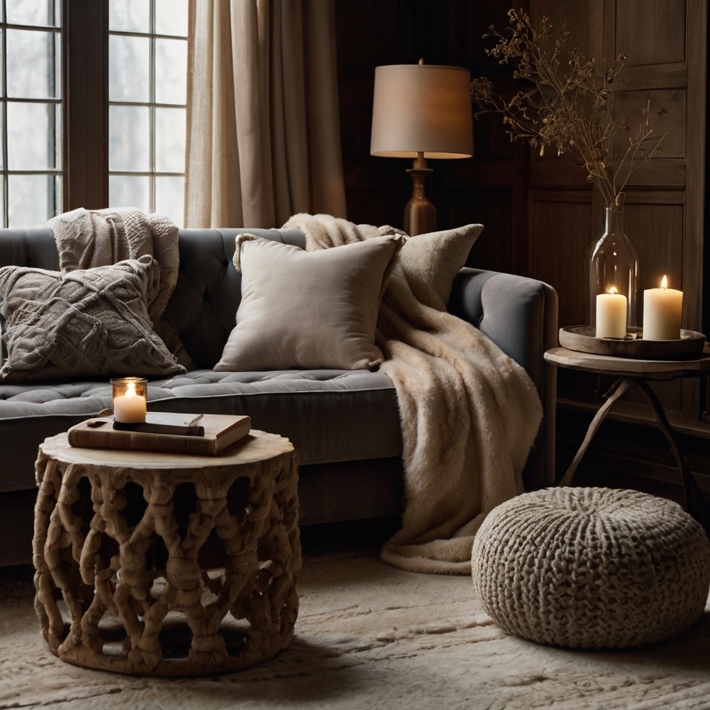 A cozy corner with velvet cushions, tufted wool rugs, and soft linen throws. Warm lighting and a flickering candle enhance the inviting atmosphere.