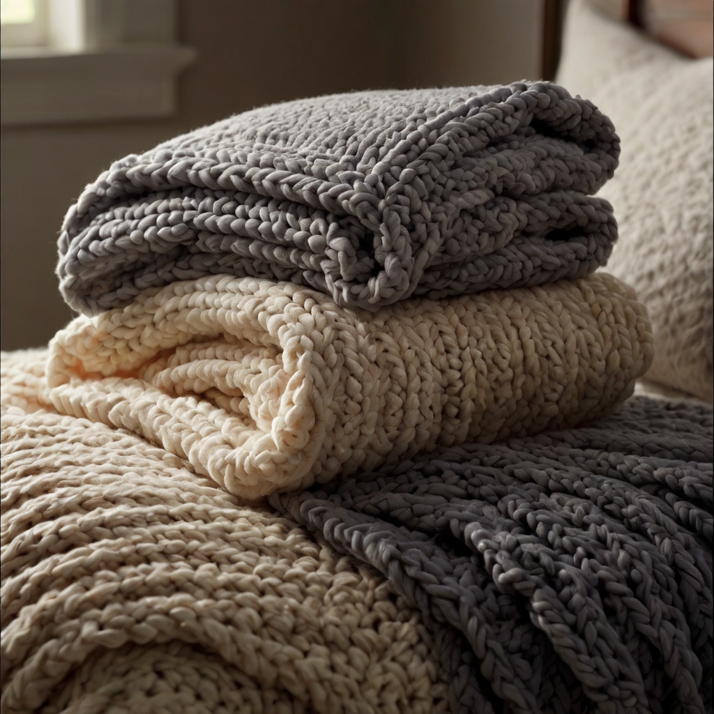 Chunky knit throw blanket draped on a bed, bathed in soft, warm light. The textures of the blanket contrast with the smooth bedding, creating a cozy look.