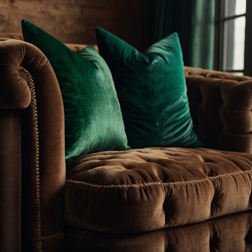 A brown couch with velvet throw pillows sits beside an emerald velvet chair. Warm lighting enhances its luxurious feel.