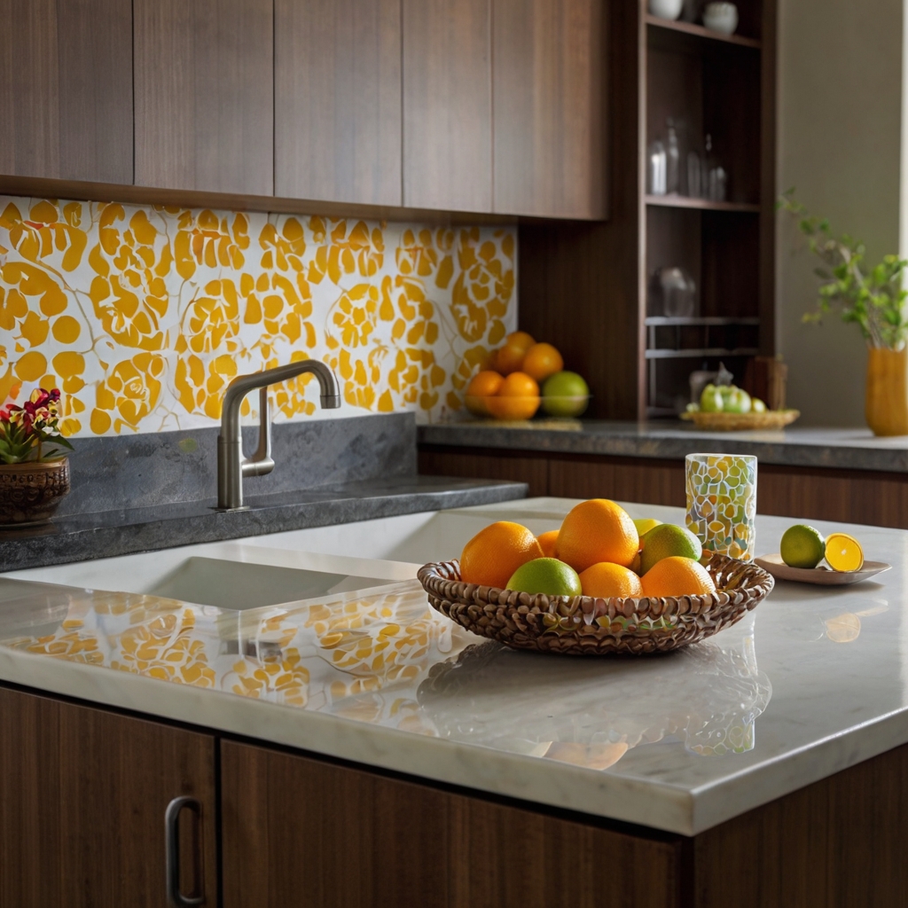 A neutral kitchen counter accented with bright accessories like fruit bowls and colorful linens. Vibrant tones contrast beautifully for a fresh, lively look.