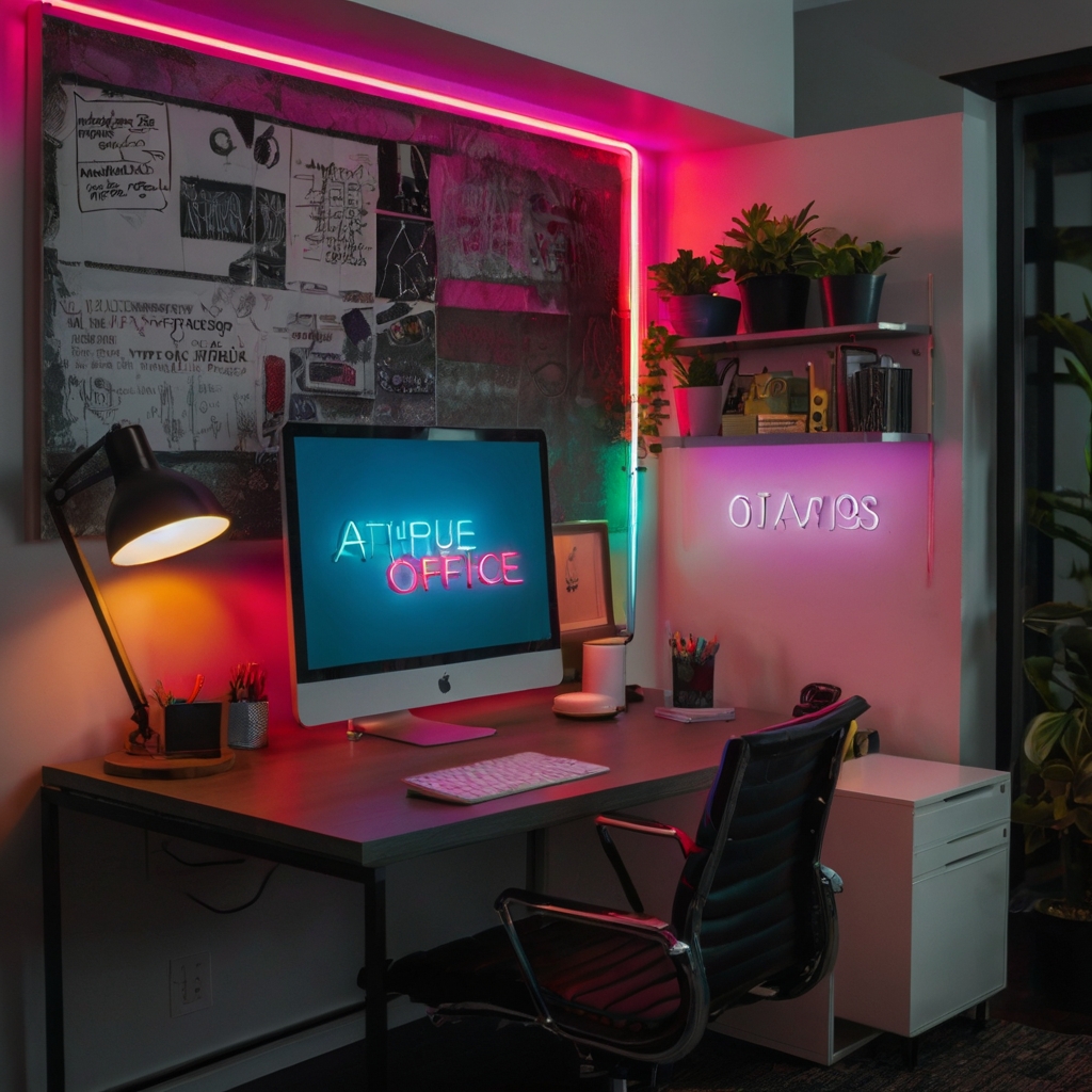 A vibrant office cubicle with bold neon signs adding energy. Bright lighting contrasts with neutral decor for a stylish look.