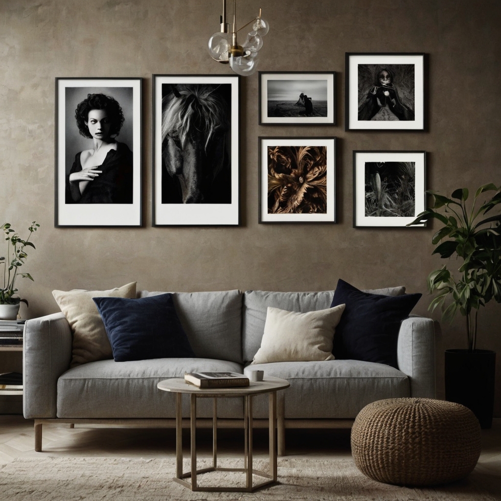 Gallery wall featuring art prints and posters in varying sizes and styles. Soft lighting from a side lamp highlights the textures and colors of the art.