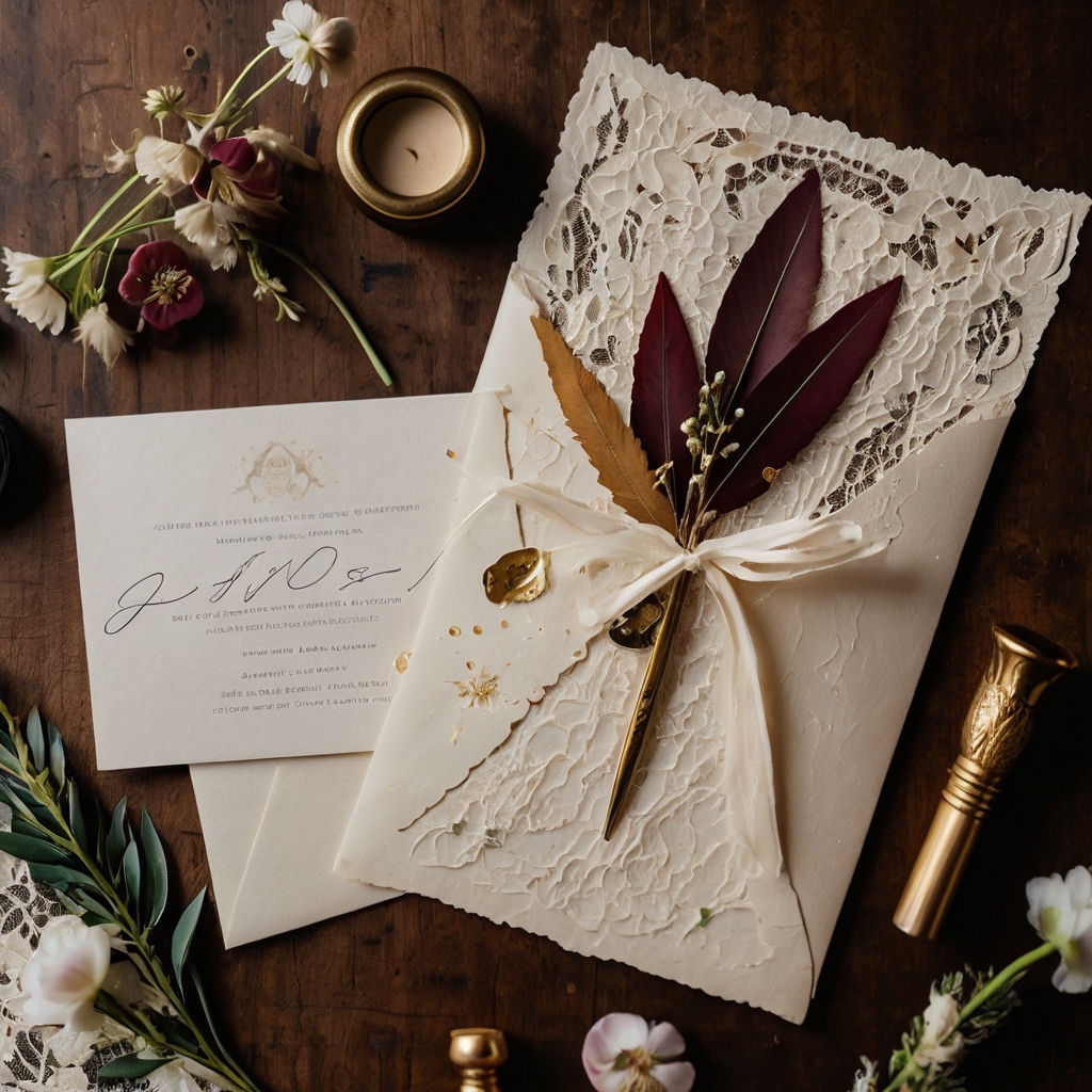 Handmade invitations with pressed flowers and gold accents for an elegant, timeless look.