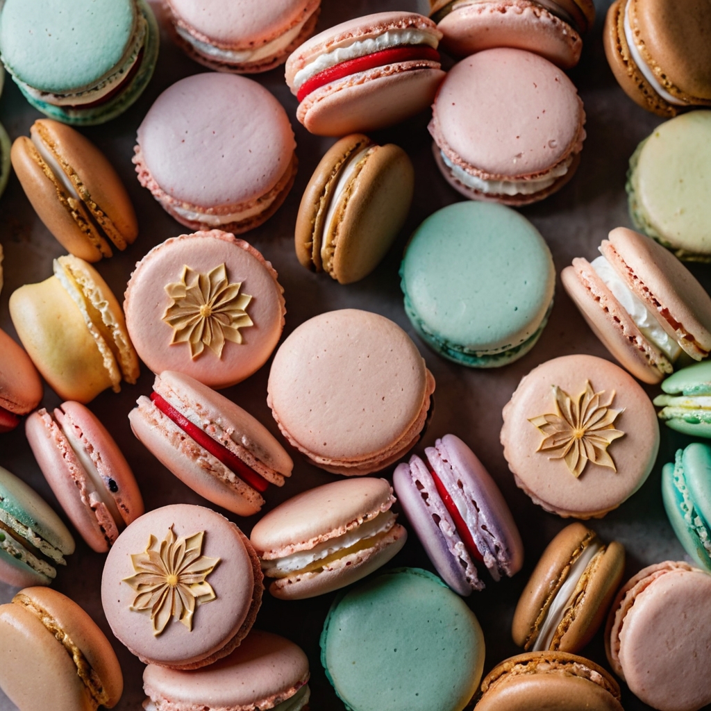 A flat-lay of pastel macarons, cupcakes, and cookies with floral motifs. Soft, diffused lighting enhances the intricate decorative details.