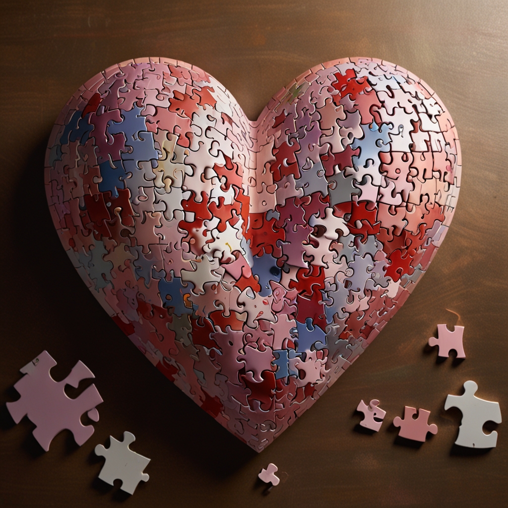 A heart-shaped puzzle with glossy, interlocking pieces in pink, red, and purple, glowing under warm light with the message ‘We Complete Each Other.’