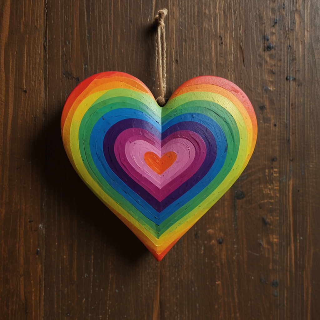 A seamlessly blended rainbow-colored wooden heart with vibrant hues. A cheerful, uplifting decor piece for boho or kids' spaces.