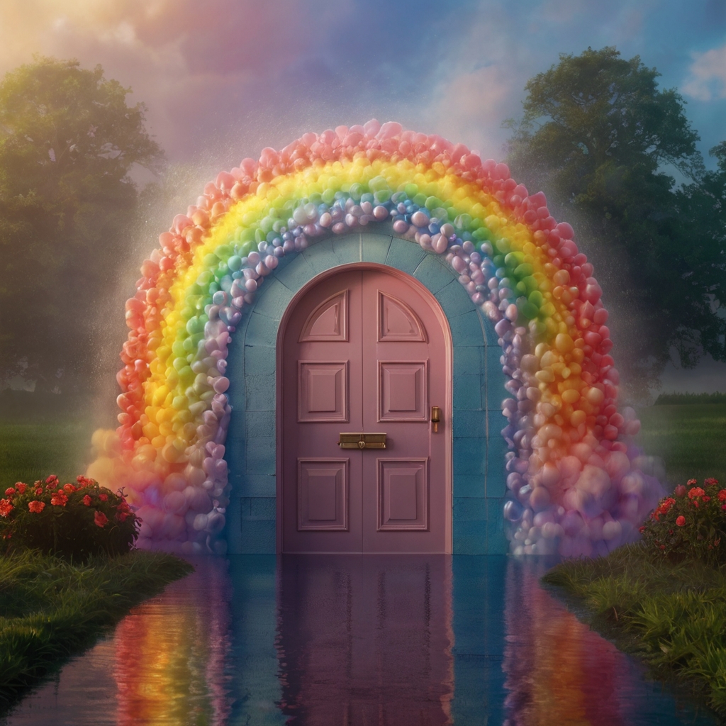 A dreamy, glowing rainbow arches over heart-shaped raindrops, with misty clouds carrying love notes bathed in soft golden light.