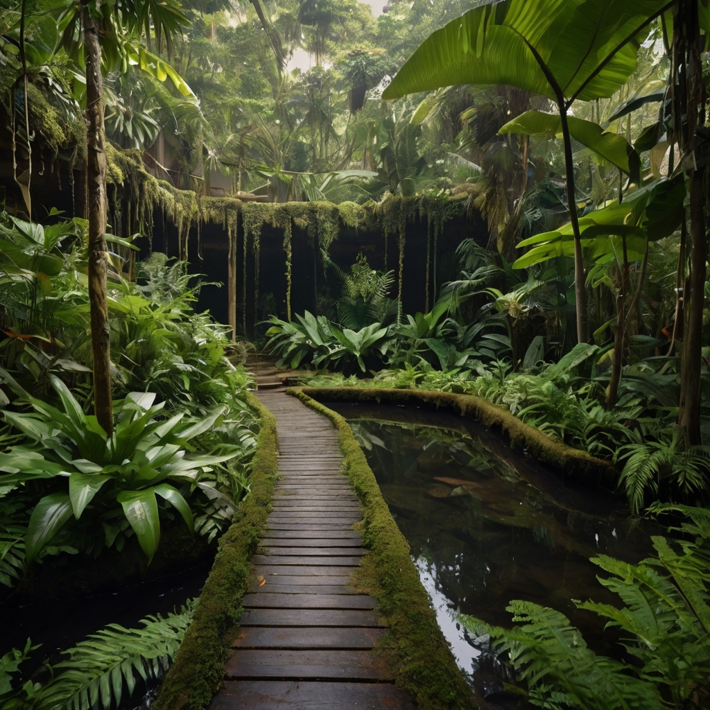 A rainforest-inspired courtyard bursting with dense greenery, ferns, and cascading vines. A gentle waterfall and misty air complete the tropical retreat.