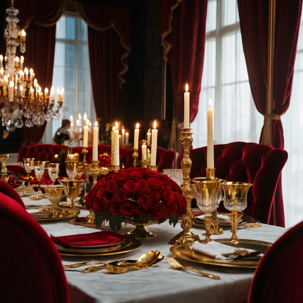 Deep red velvet drapes and golden accents create an opulent setting. Candlelit romance unfolds with plush seating and rich floral arrangements.