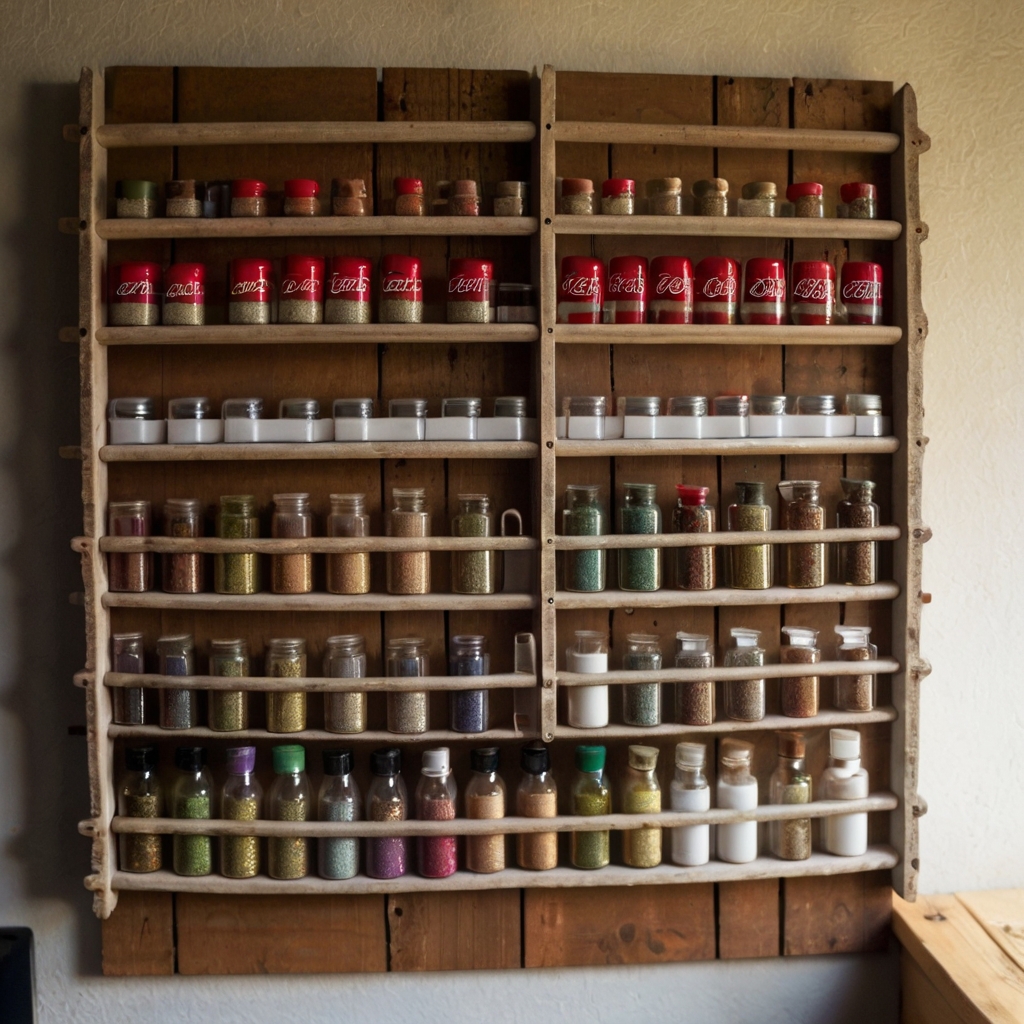 Old spice racks mounted on the wall hold small bottles of paint and glitter, casting warm, natural light on the rustic setup.