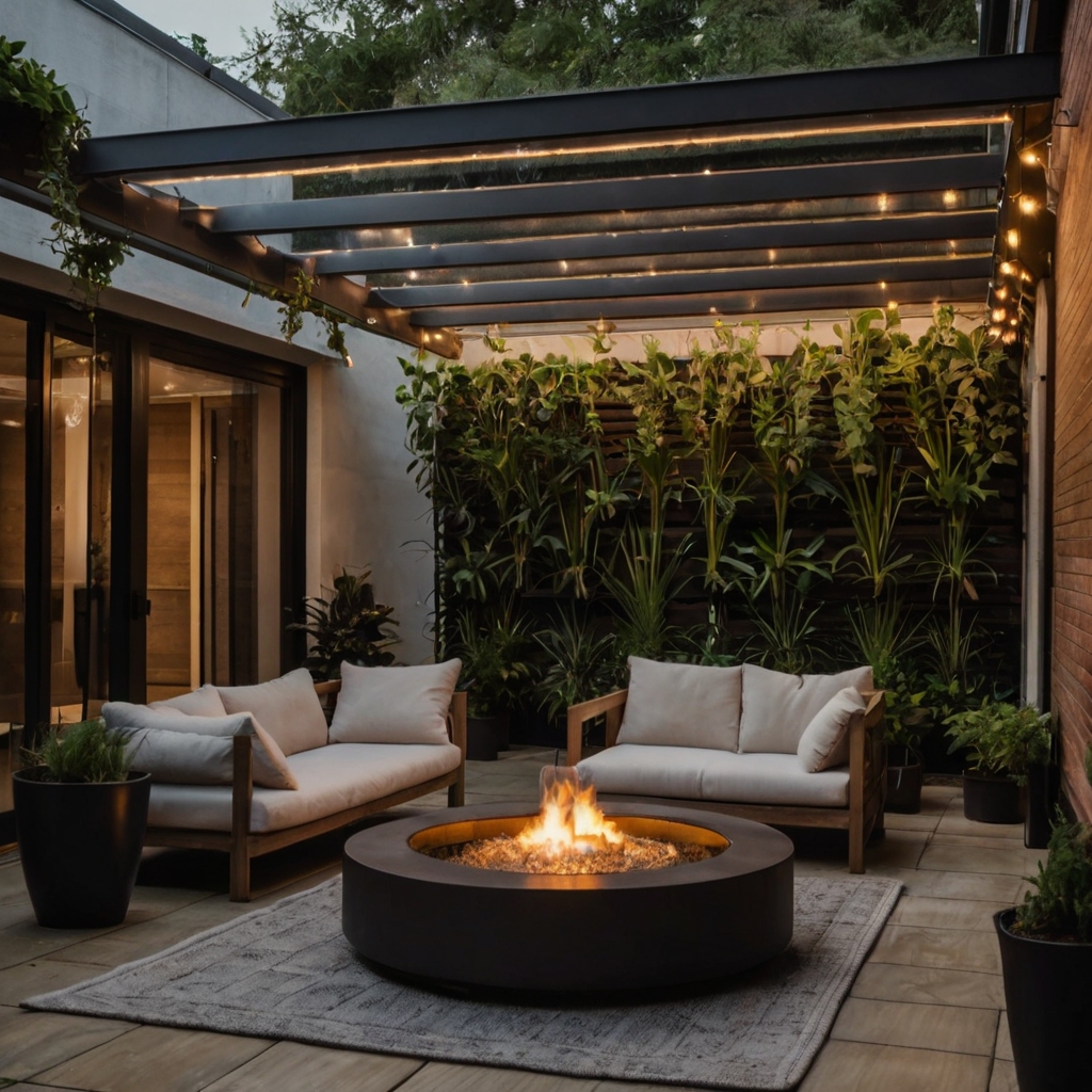 A modern courtyard with a sleek retractable roof, cozy seating, and ambient lighting. Perfectly designed for all-season relaxation.