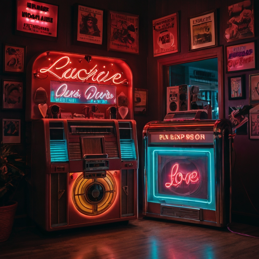 Neon signs and vinyl records create a vibrant retro Valentine’s vibe. Polaroids and a classic jukebox add a nostalgic, playful touch.