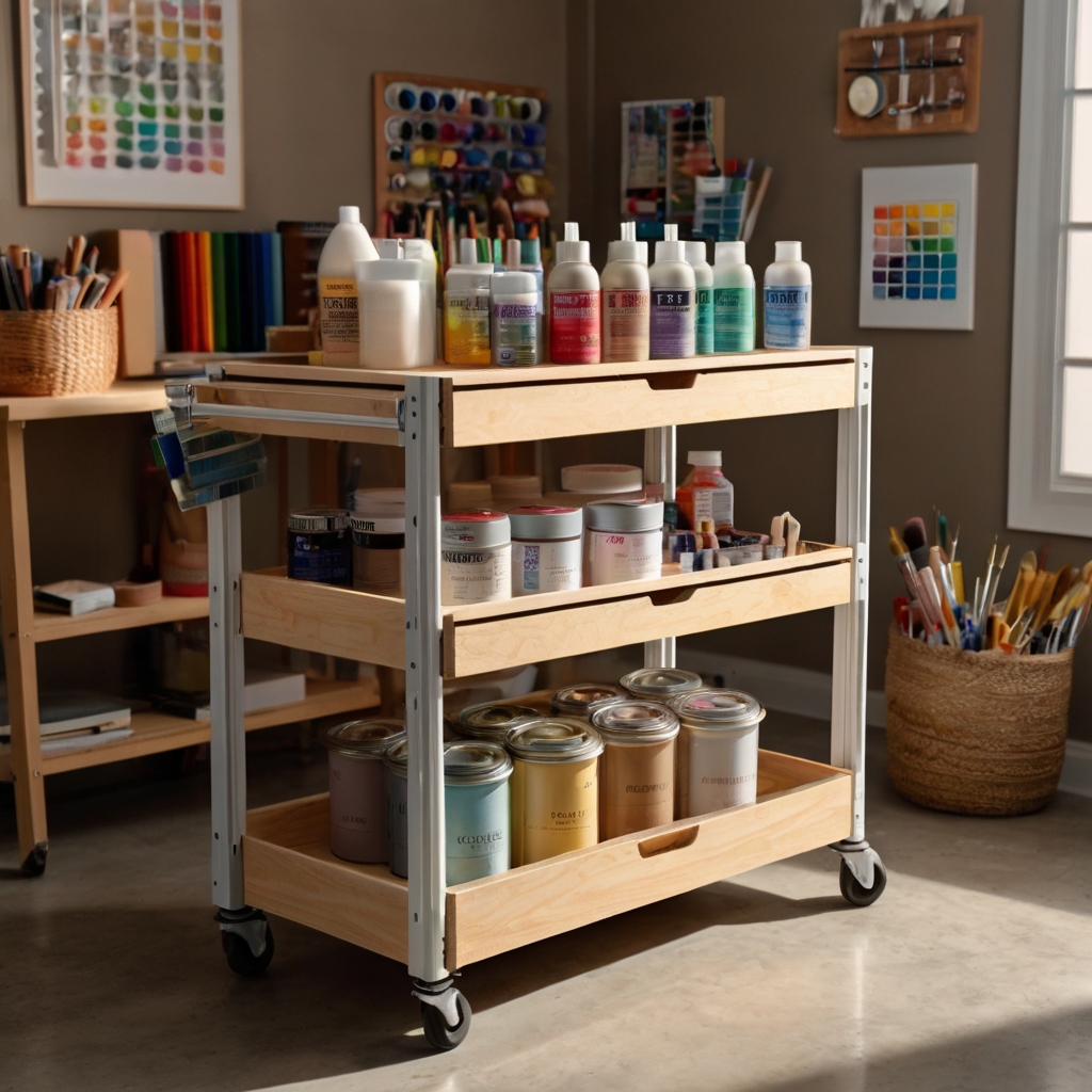 A three-tier rolling cart holds craft supplies and tools, illuminated by bright lighting, making materials easy to access and move.