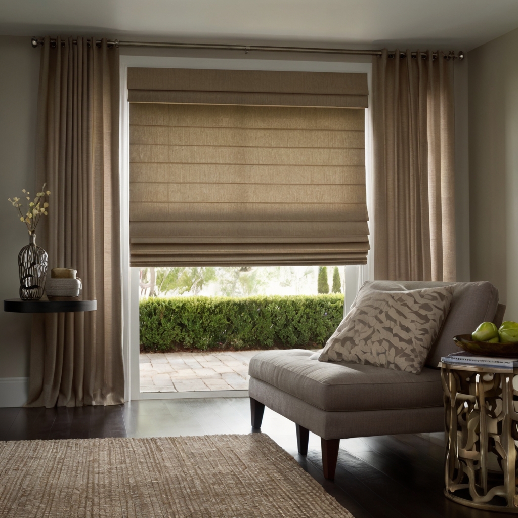 Neutral-toned Roman shades with smooth folds. Soft indirect lighting creates a clean, tailored look in a modern setting.